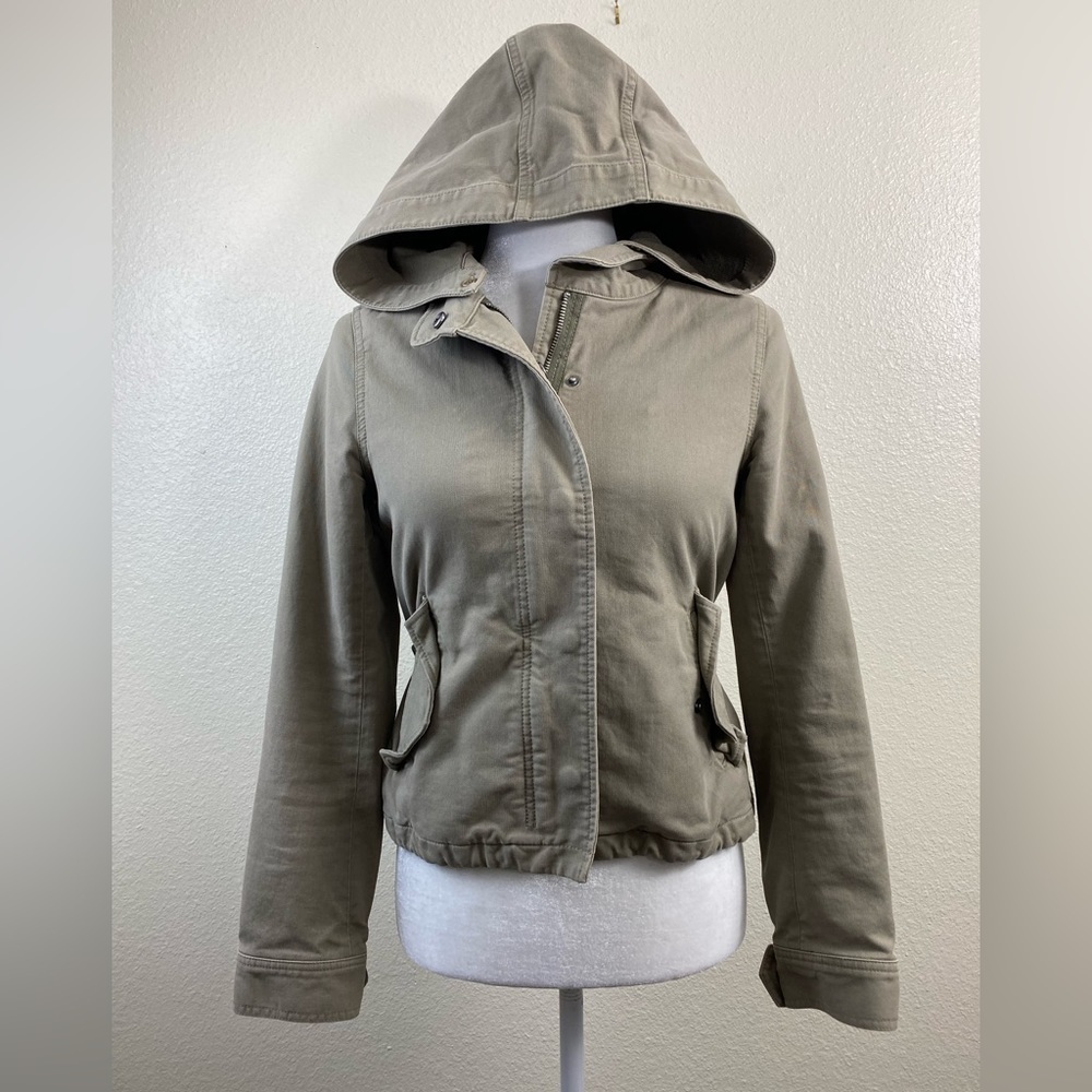 Theory Aileen Utilitarian Removable Hood Jacket Womens Small Tan Brown Zip Snap